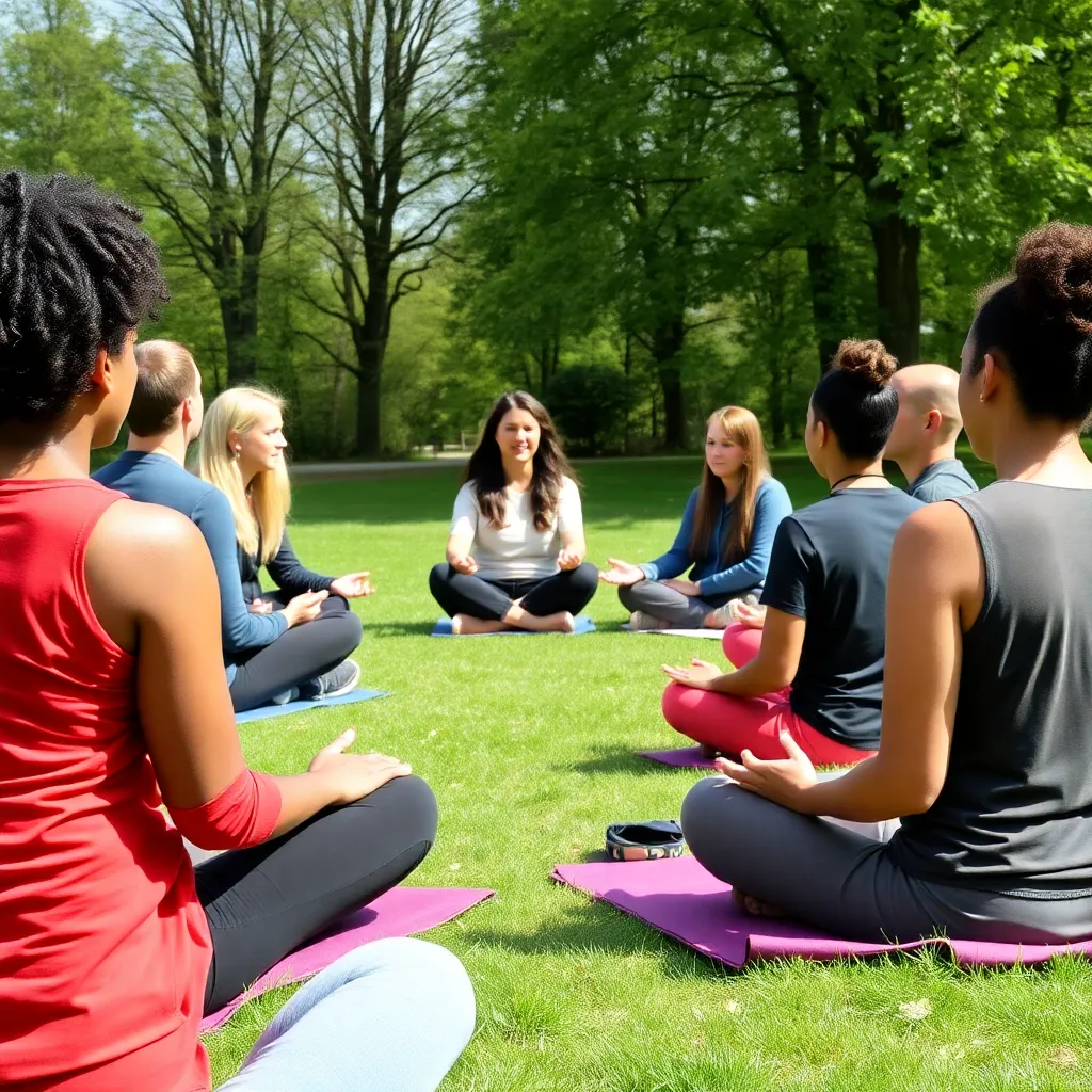 Eine Gruppe von Menschen praktiziert Achtsamkeitsübungen im Freien