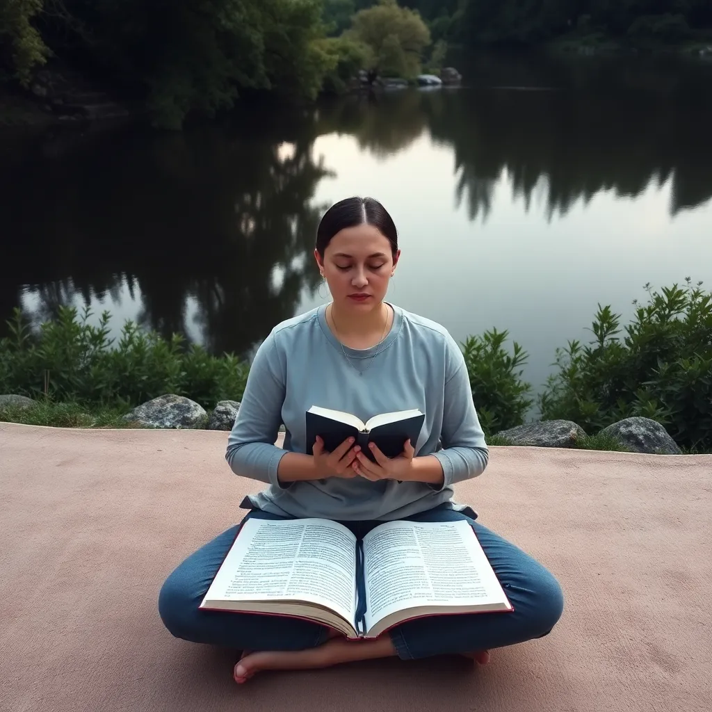 Person meditiert in ruhiger Umgebung mit Notizbuch