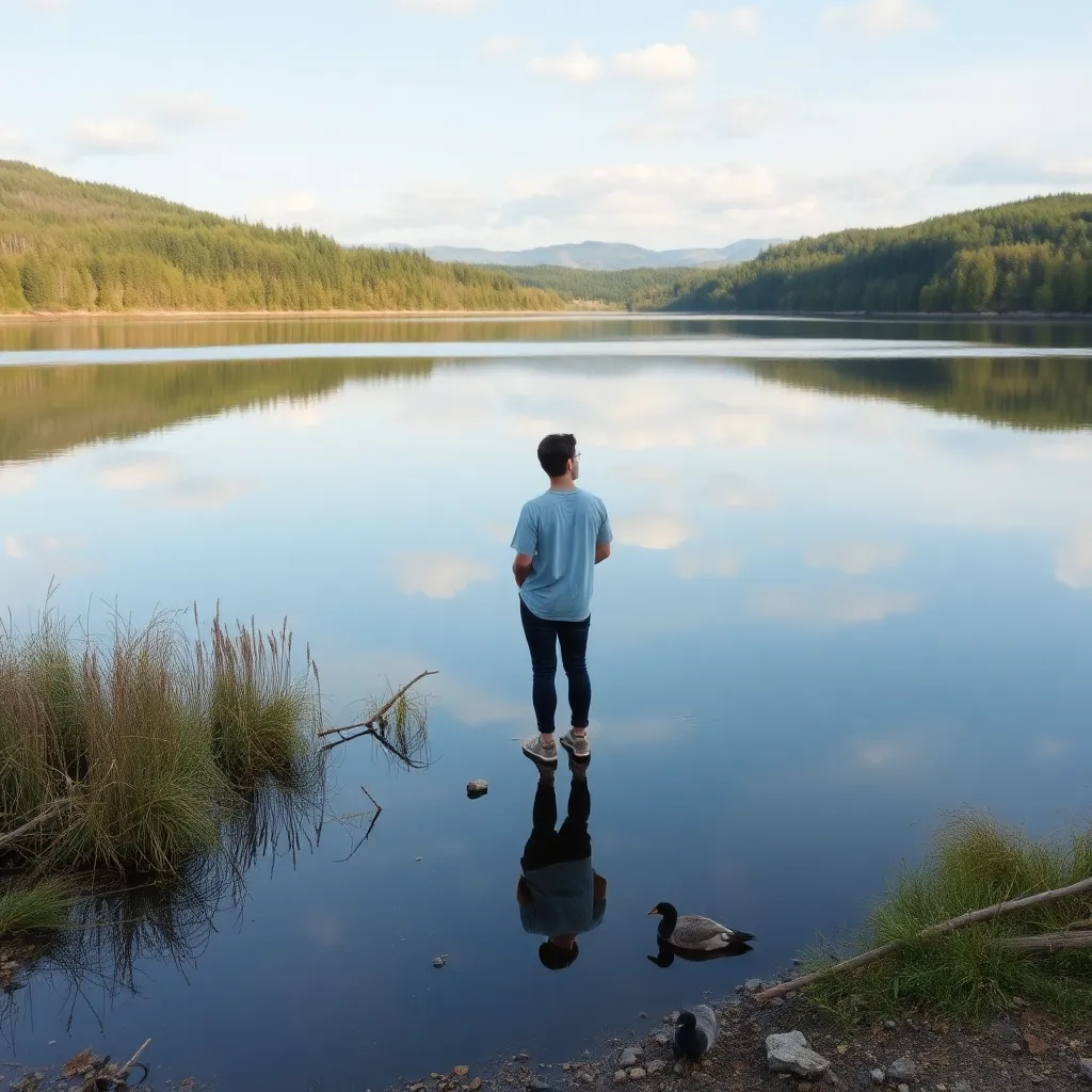 Person reflektiert am See in deutscher Landschaft