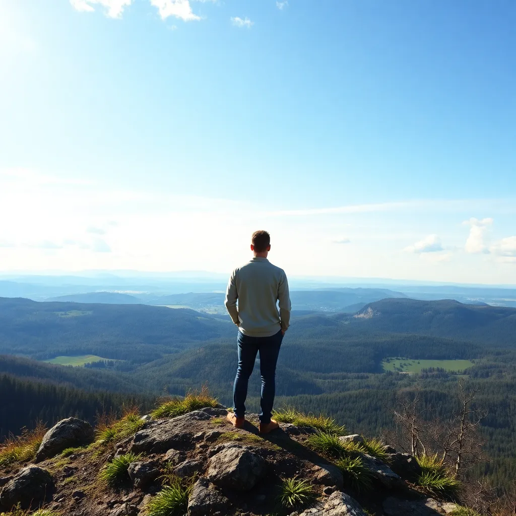 Person auf einem Berg mit Blick auf deutsche Landschaft