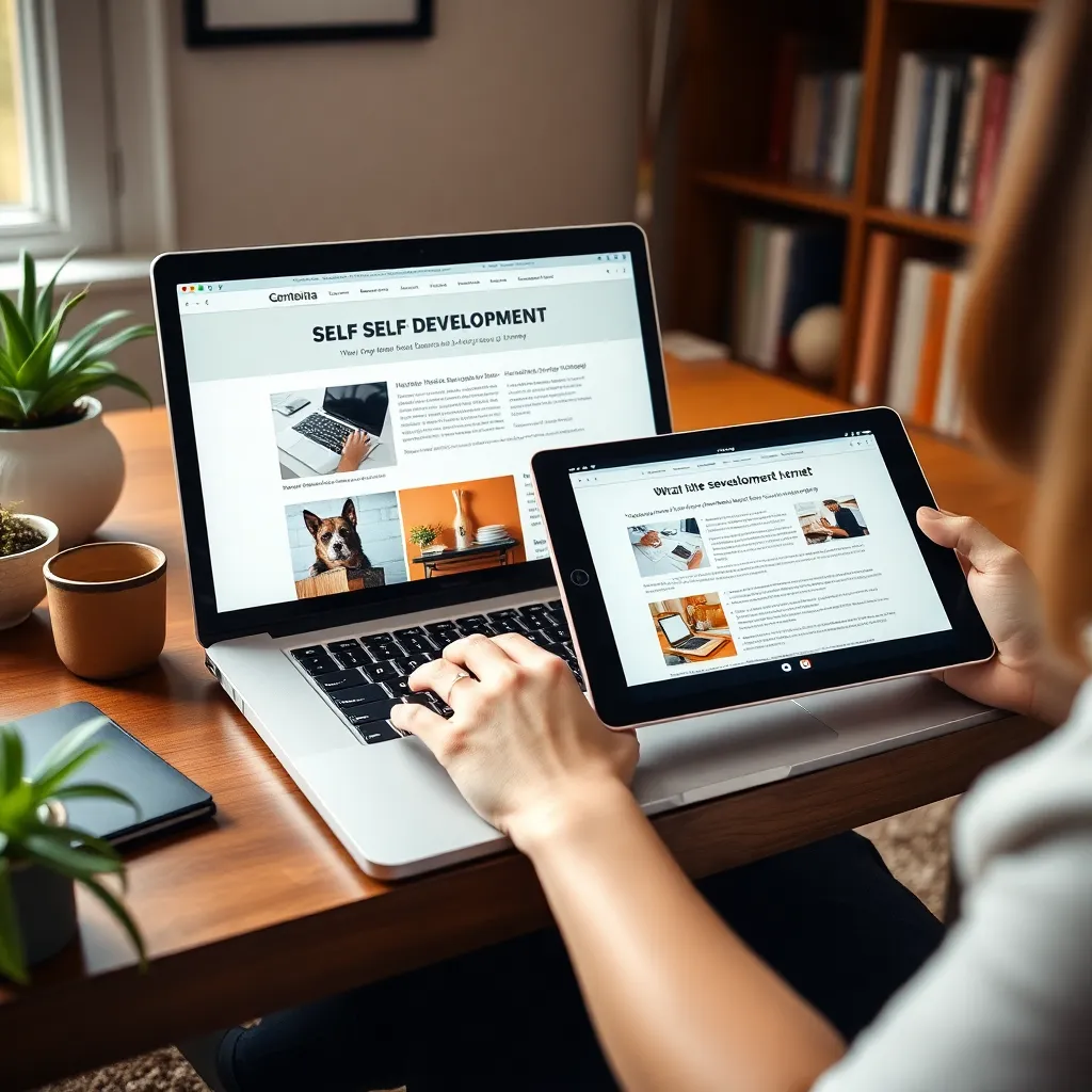 Eine Person nutzt digitale Selbstentwicklungsressourcen auf verschiedenen Geräten