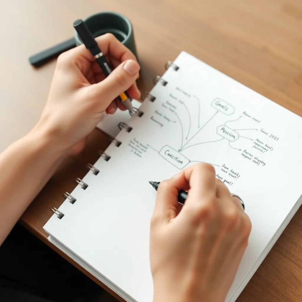 Person schreibt Ziele in ein Notizbuch mit Mindmap