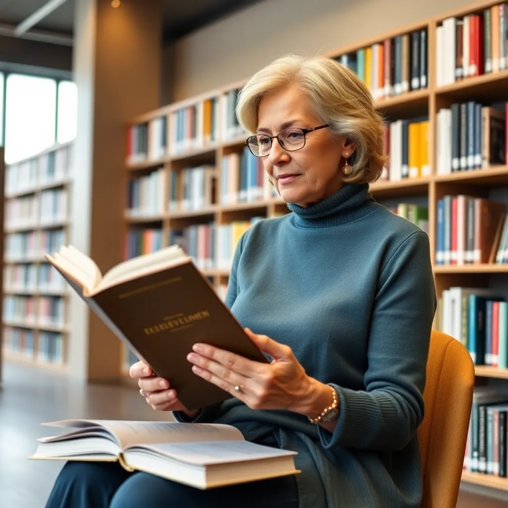 Ältere Frau, die in einer Bibliothek ein Buch zur Selbstentwicklung liest