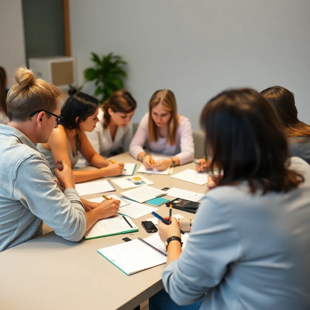 Teilnehmer eines Workshops arbeiten in Kleingruppen zusammen